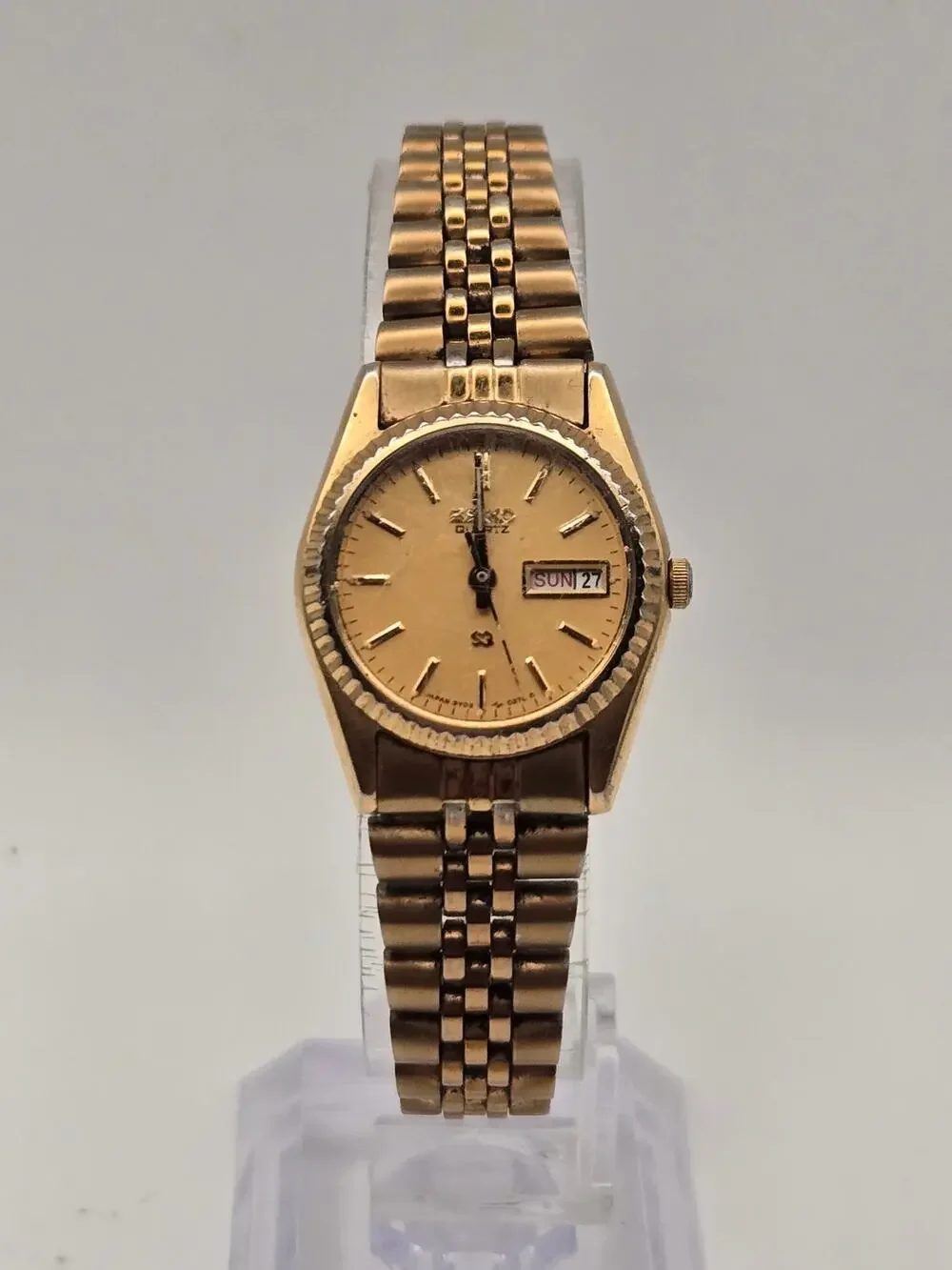 Seiko Quartz Gold Tone Day Date Watch Small Link Bracelet